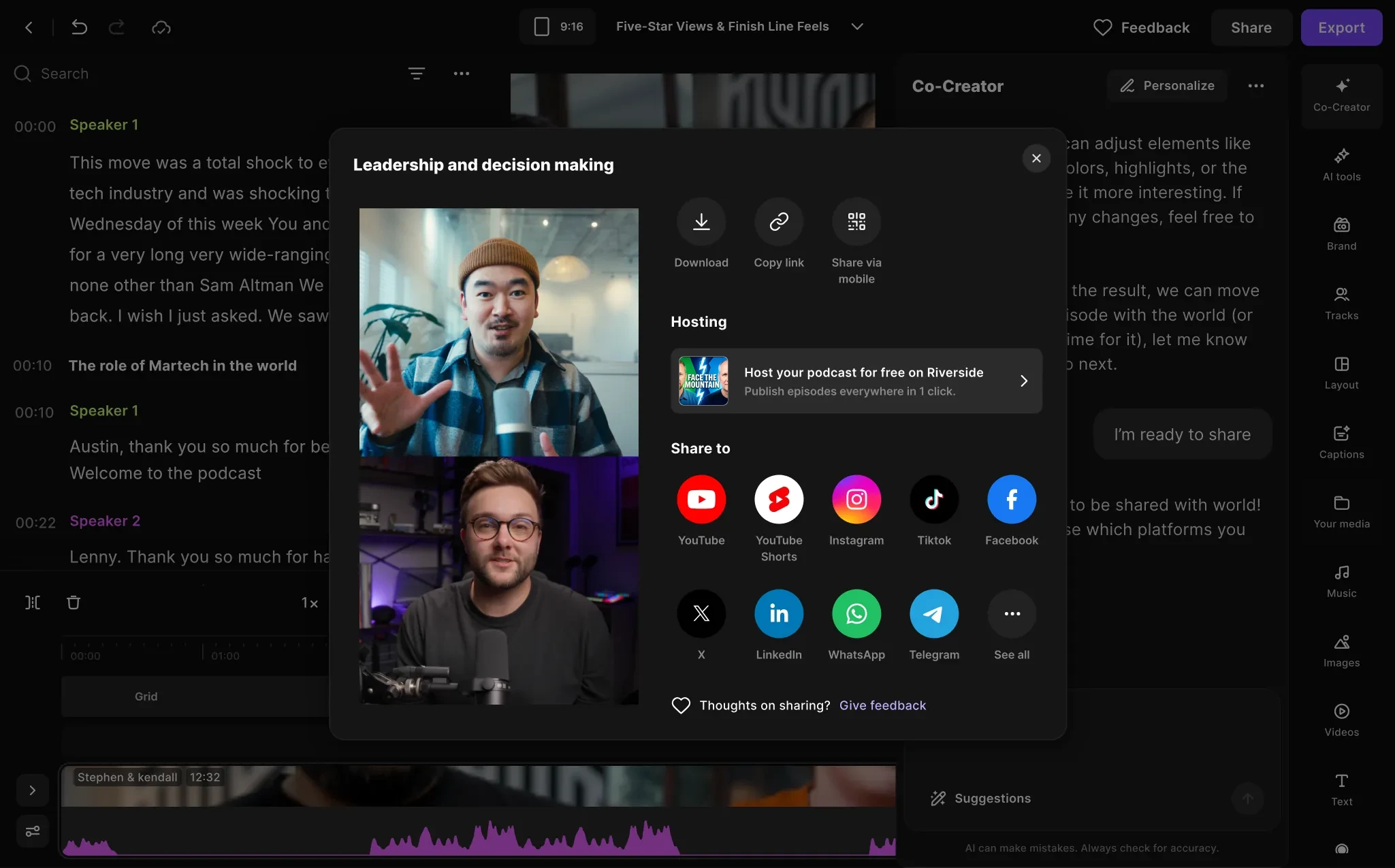 Share window with hosting and social platforms
