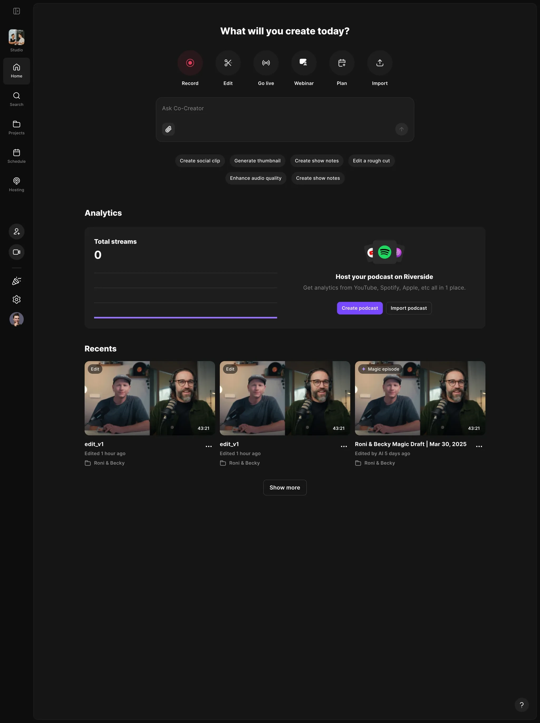 Home page with the Co-Creator chat box on top, recent chats closed