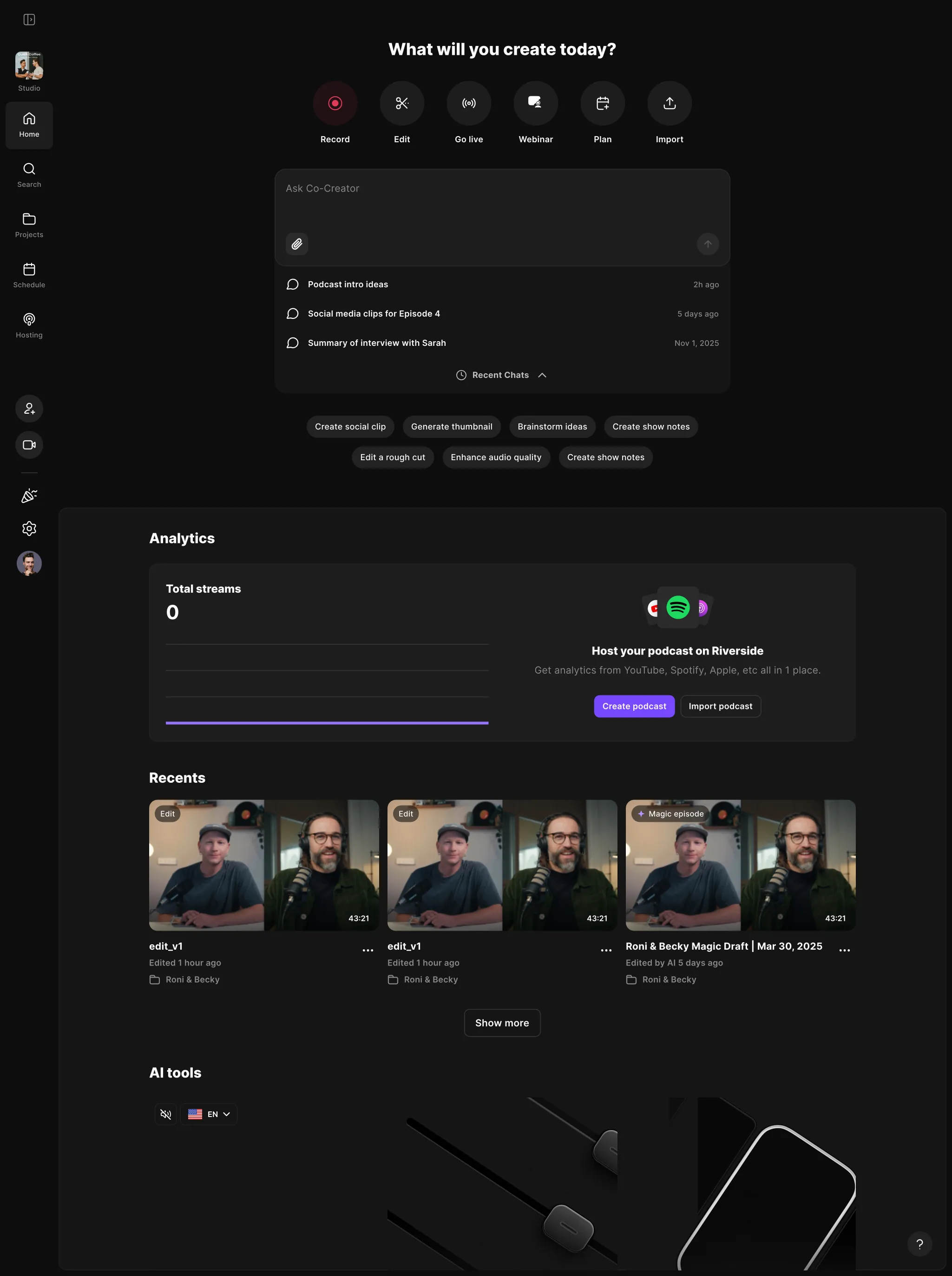 Recent chats under the chat box