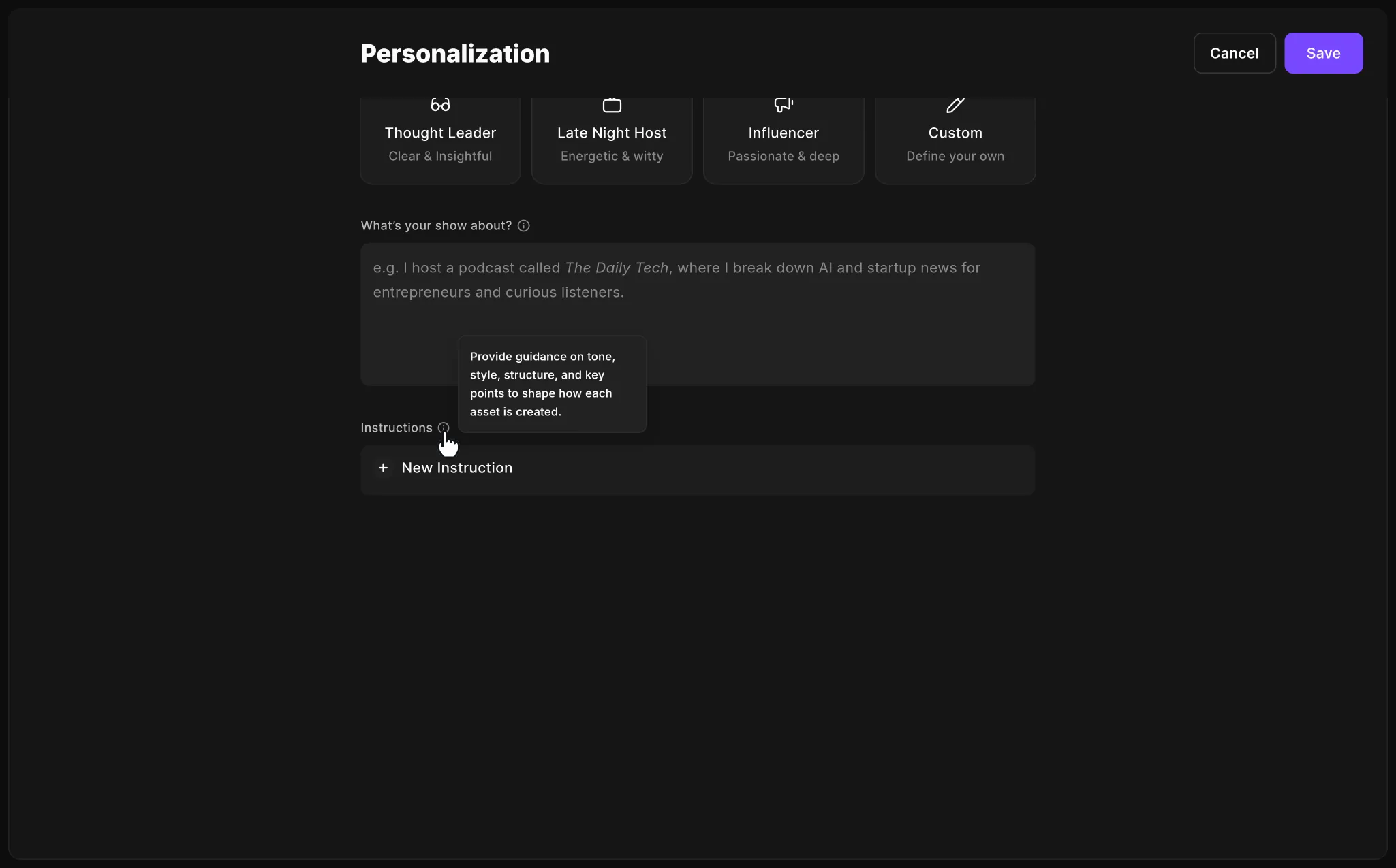 Tooltip explaining instructions