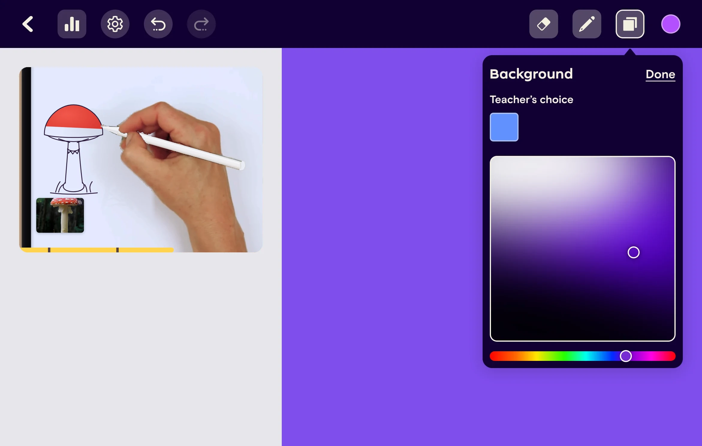 Background panel: the teacher’s choice color and a picker, with the canvas turned purple