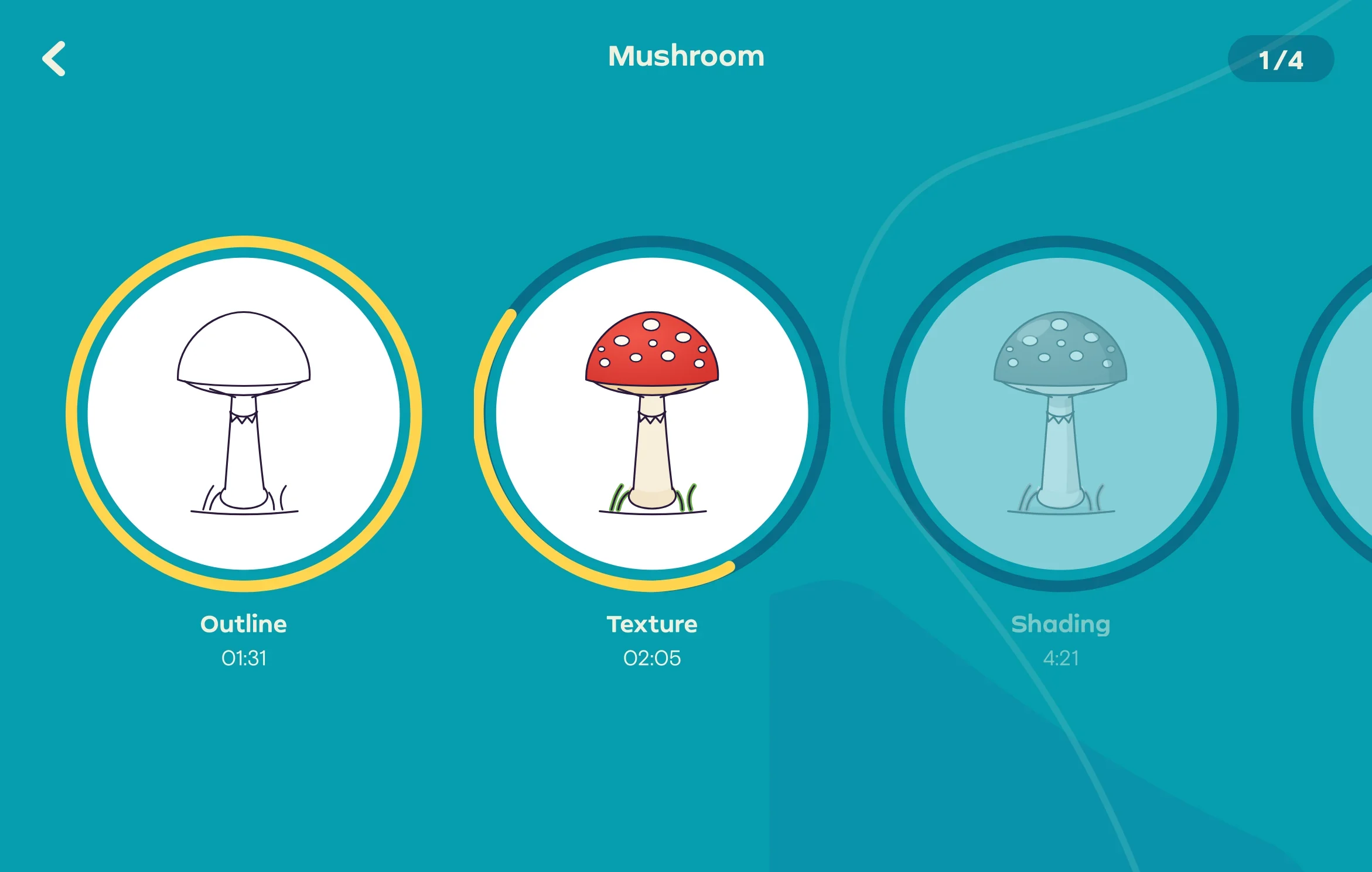 Digital course screen on iPad: Mushroom, in steps Outline, Texture and Shading, each with a colored digital drawing thumbnail