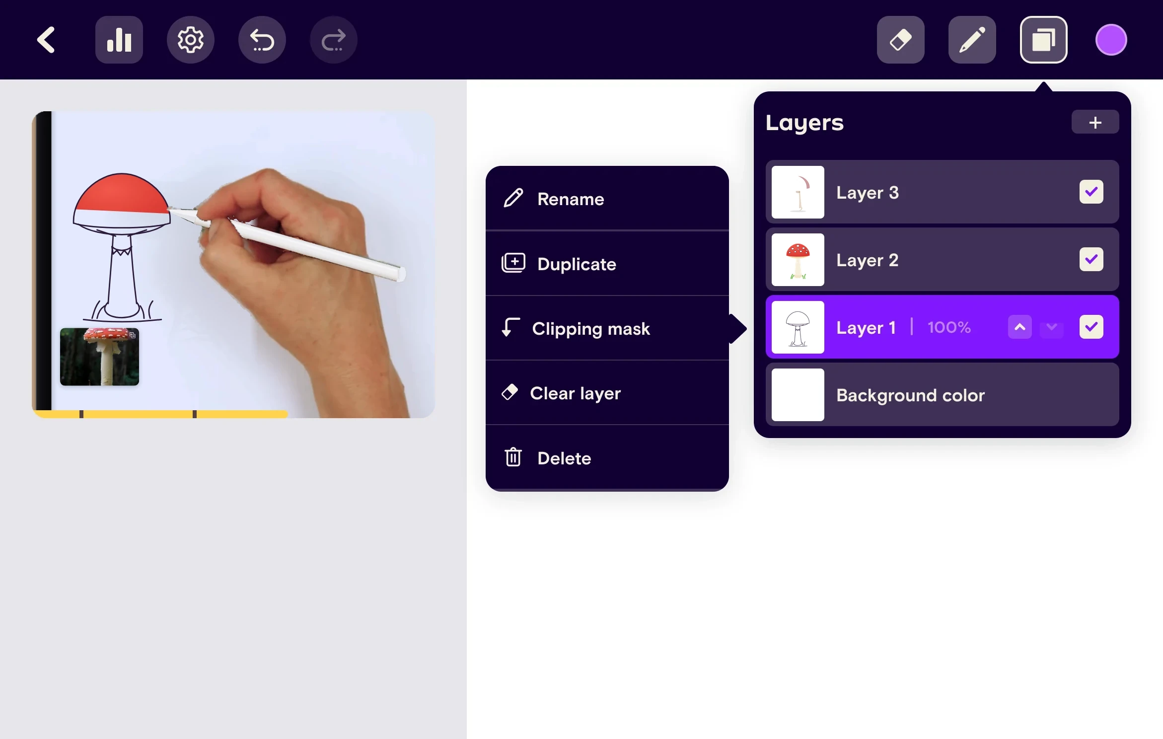 Layer options menu: Rename, Duplicate, Clipping mask, Clear layer and Delete