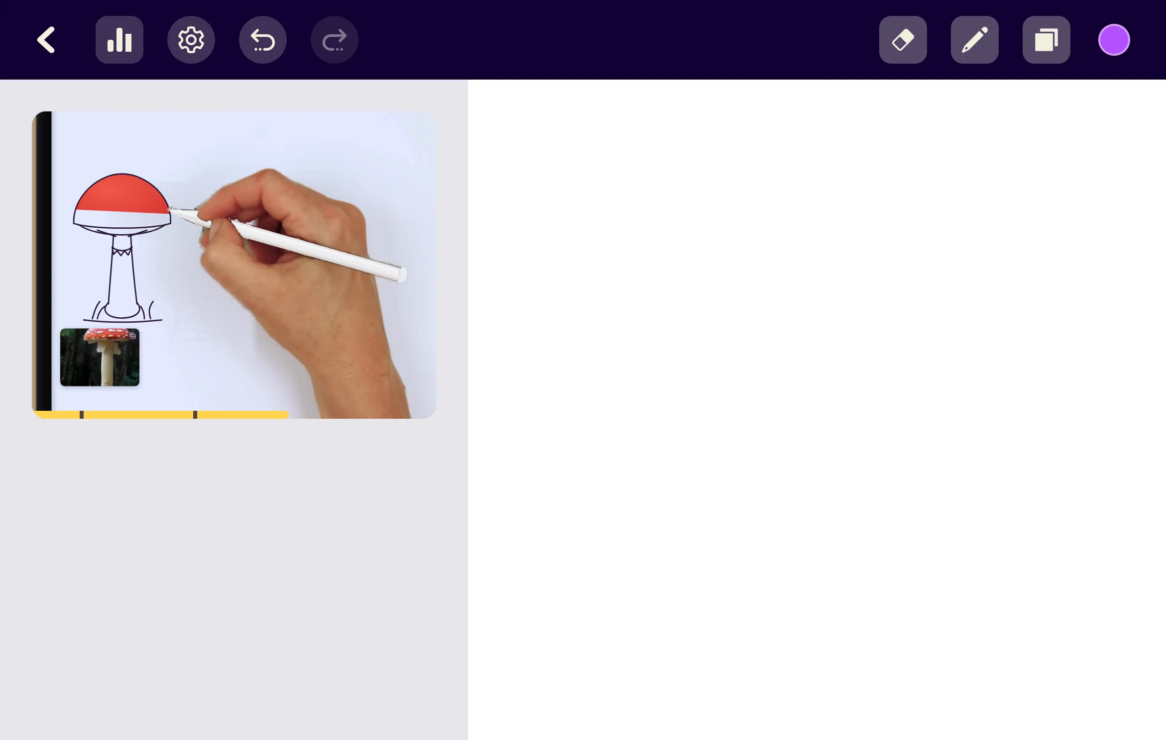 The digital canvas on iPad: the video lesson on the left and the canvas on the right, under a toolbar, with a mushroom being drawn in color