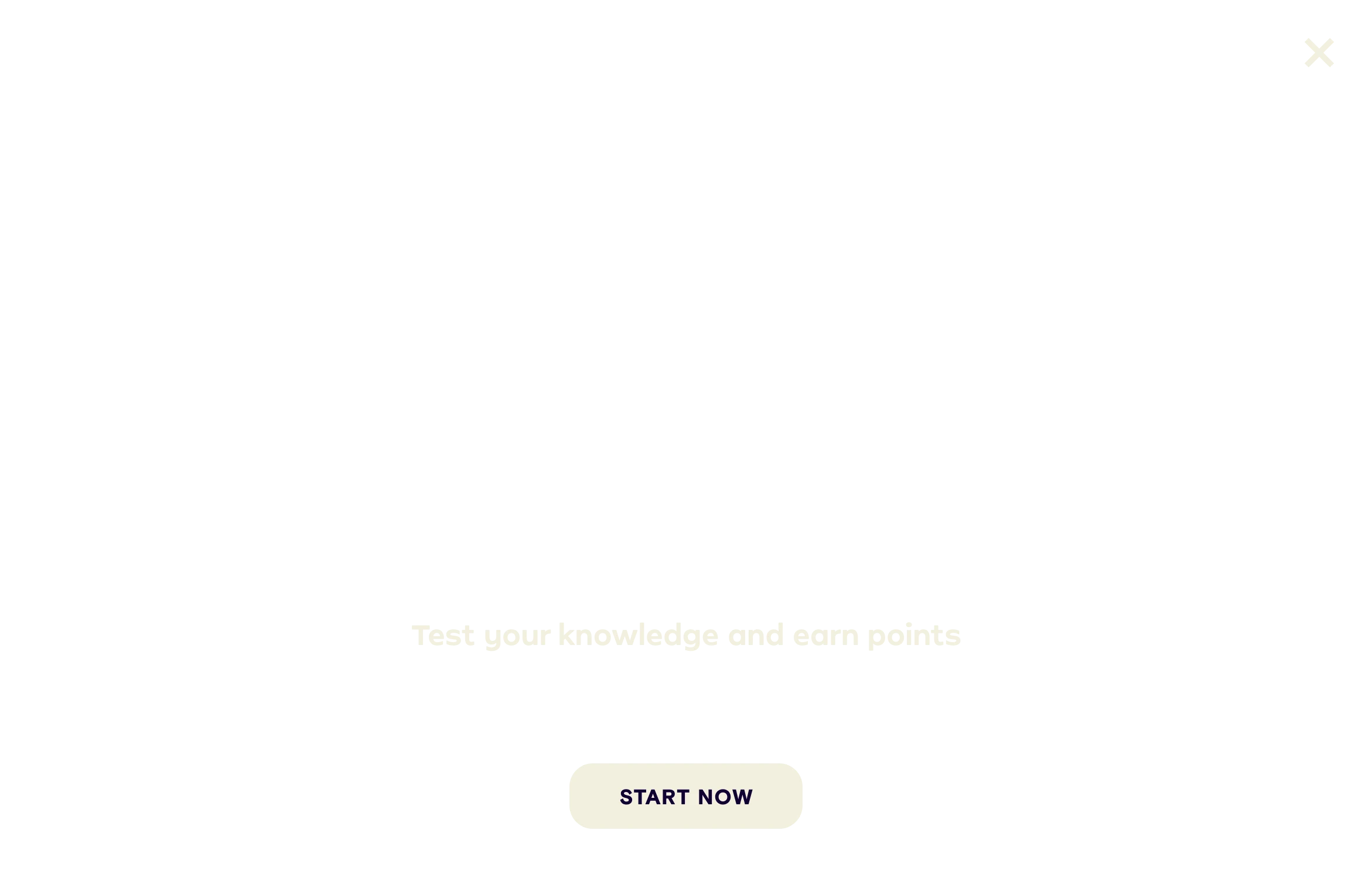 Quiz opening on iPad: a Quiz bubble pops in with confetti over a big question mark, above Test your knowledge and earn points and a Start now button