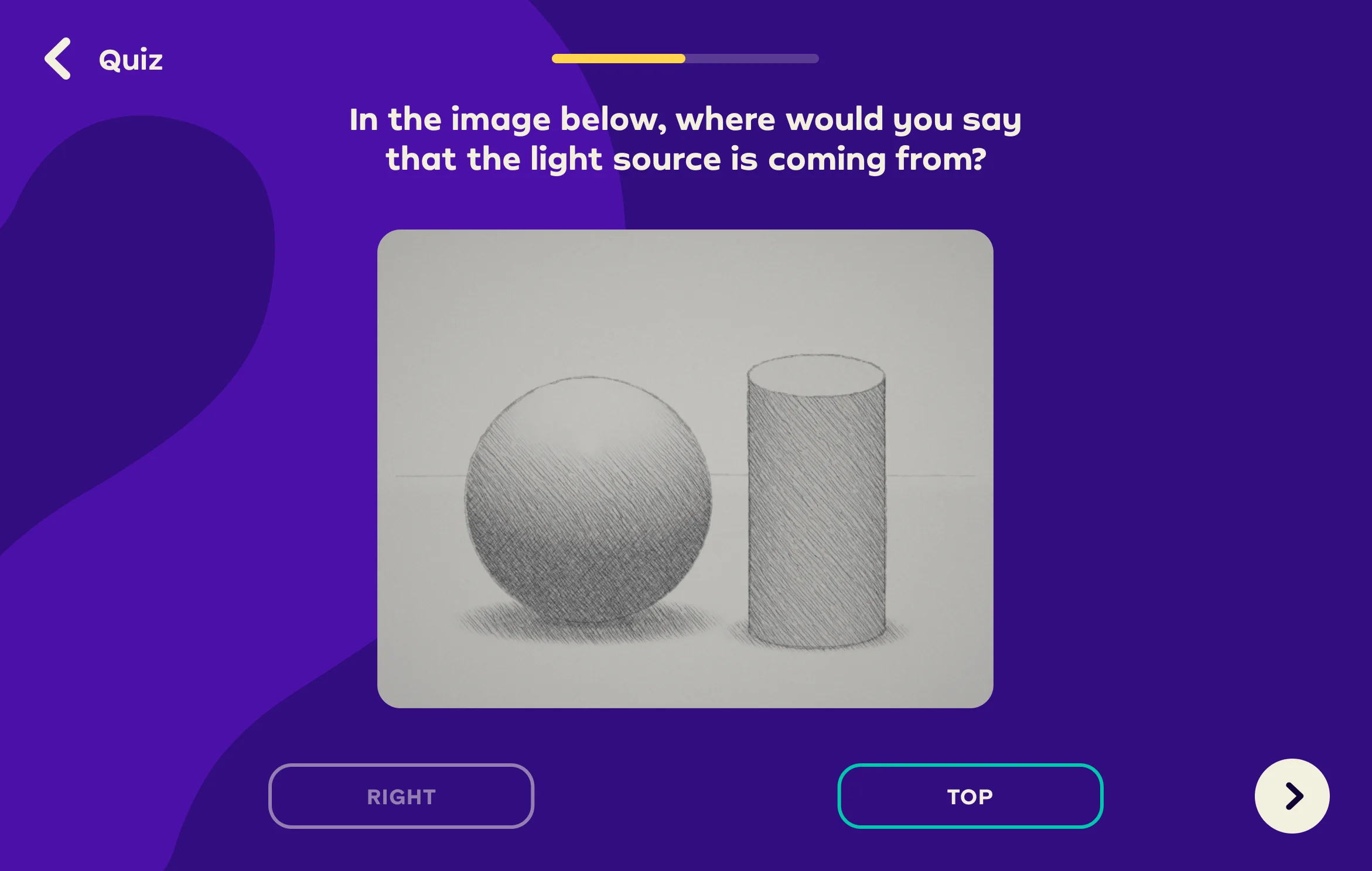 Left is wrong: the answer turns red, Top is outlined and a hint says to look at the direction of the shadow