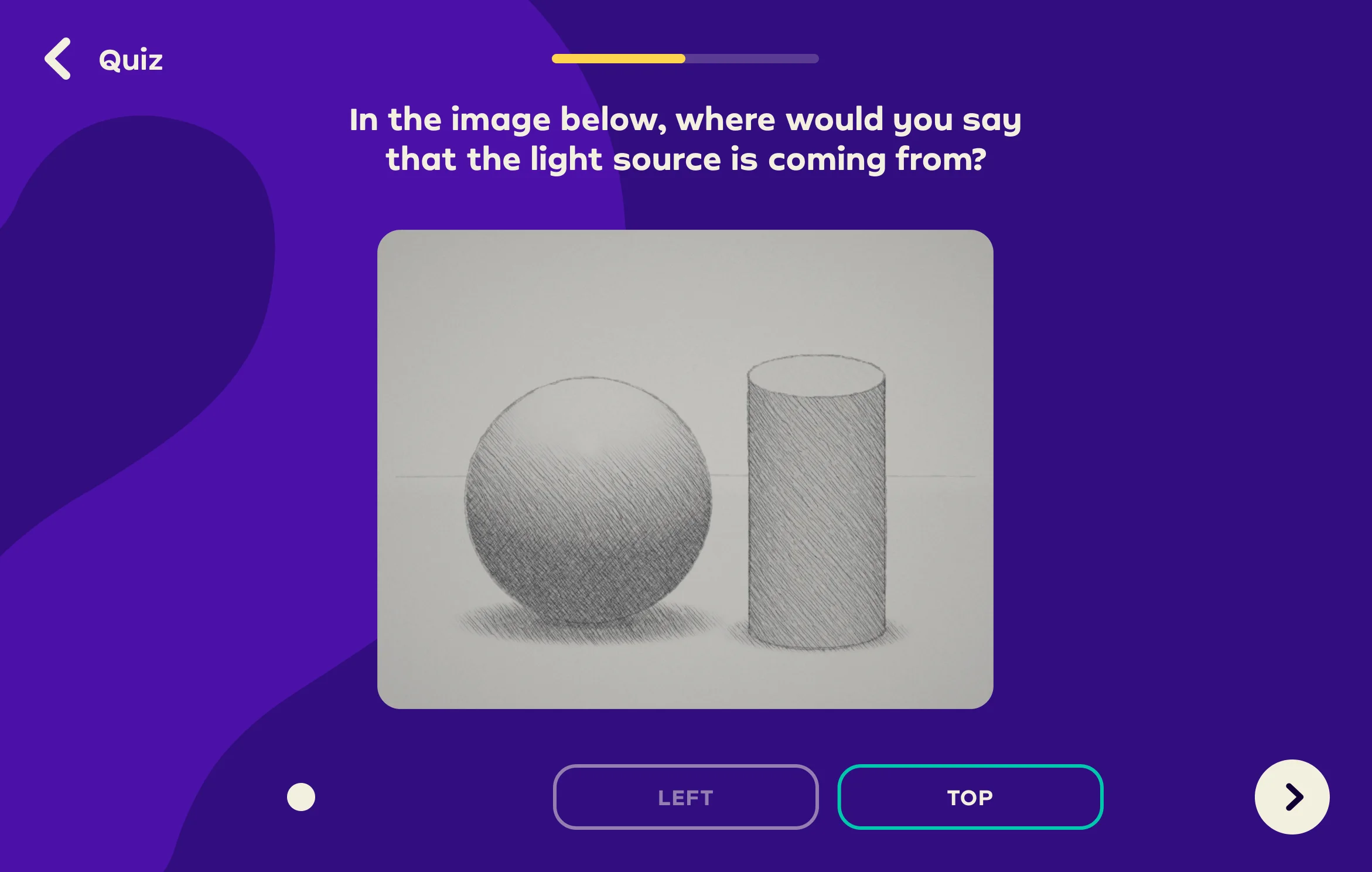 Right is wrong: the answer turns red, Top is outlined and a hint says to look at the direction of the shadow