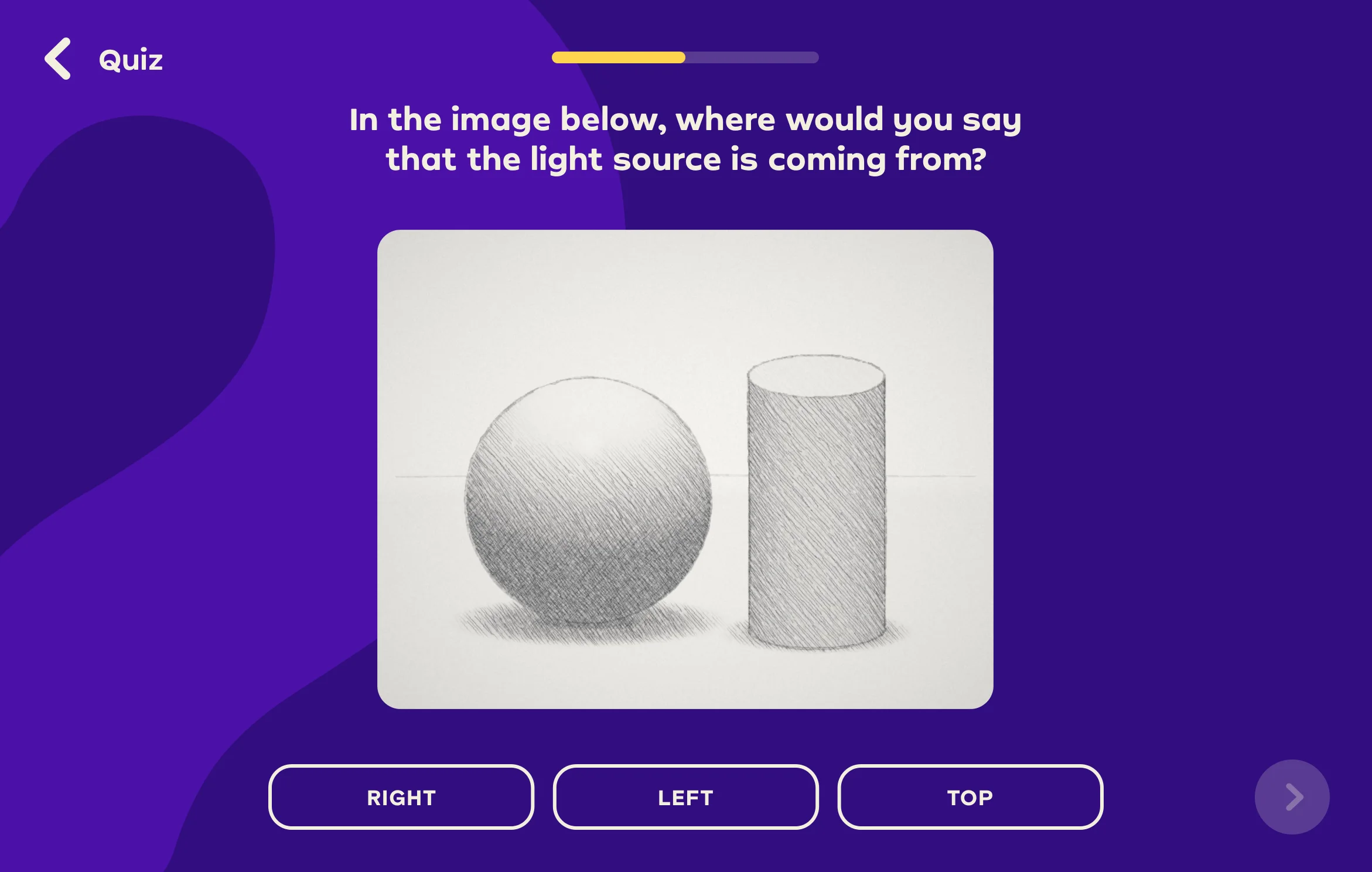 Quiz question 1 of 2: a pencil drawing of a sphere and a cylinder, asking where the light comes from, with Right, Left and Top answers