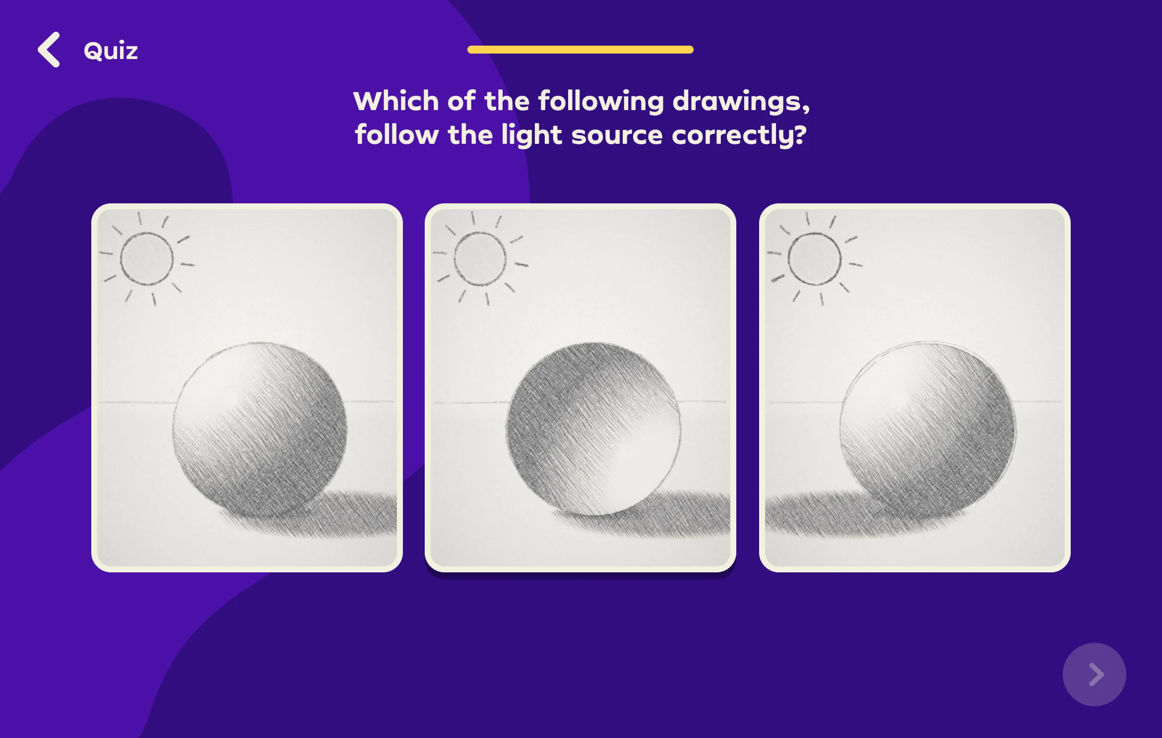 Quiz question 2 of 2: three pencil drawings of a sphere under a sun, asking which one follows the light source