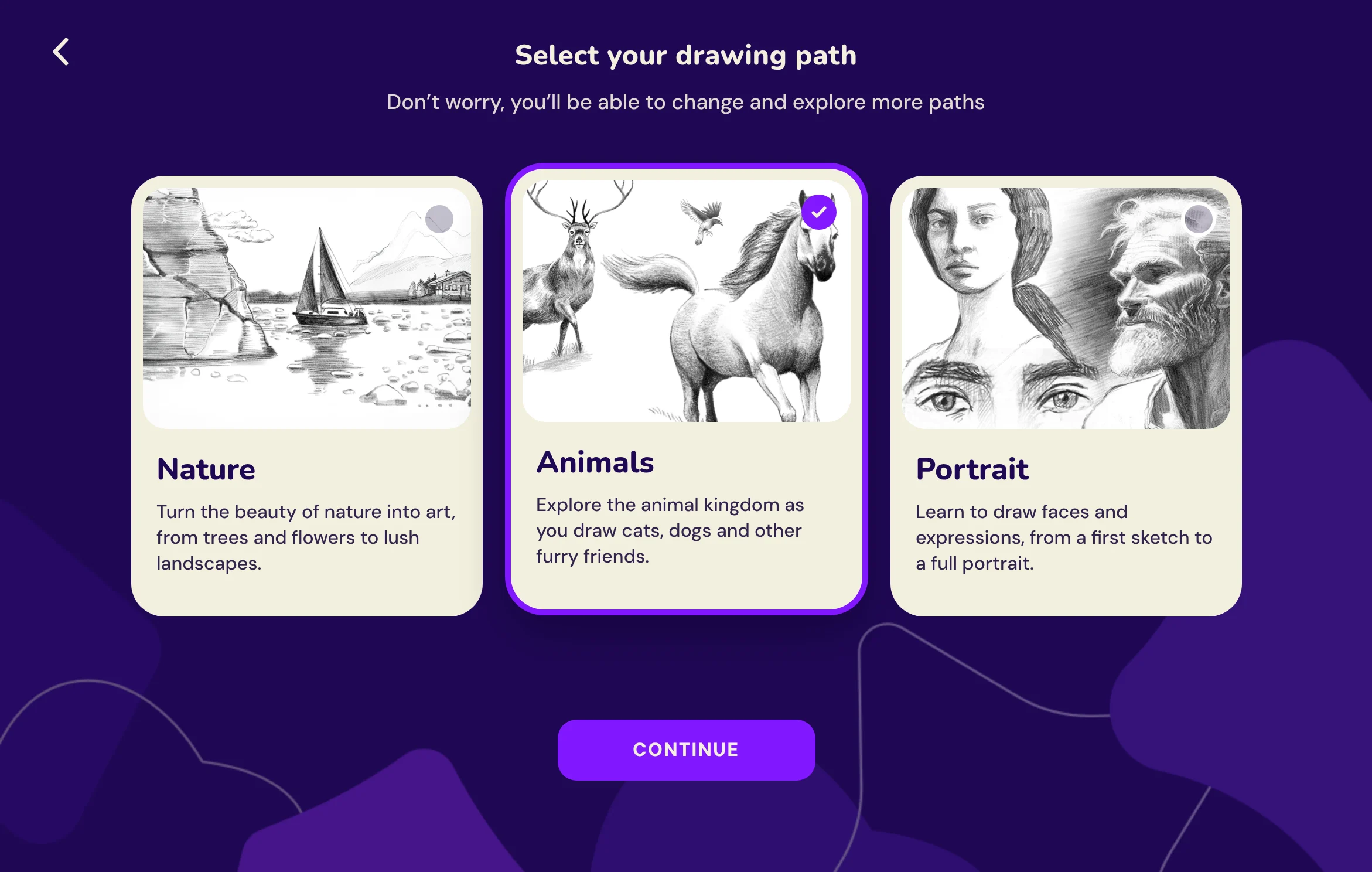 Path selection on iPad: Nature, Animals and Portrait cards side by side, Animals selected, with one Continue button