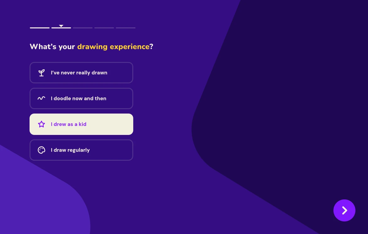 Onboarding question on iPad: What’s your drawing experience? From never really drawn to draw regularly