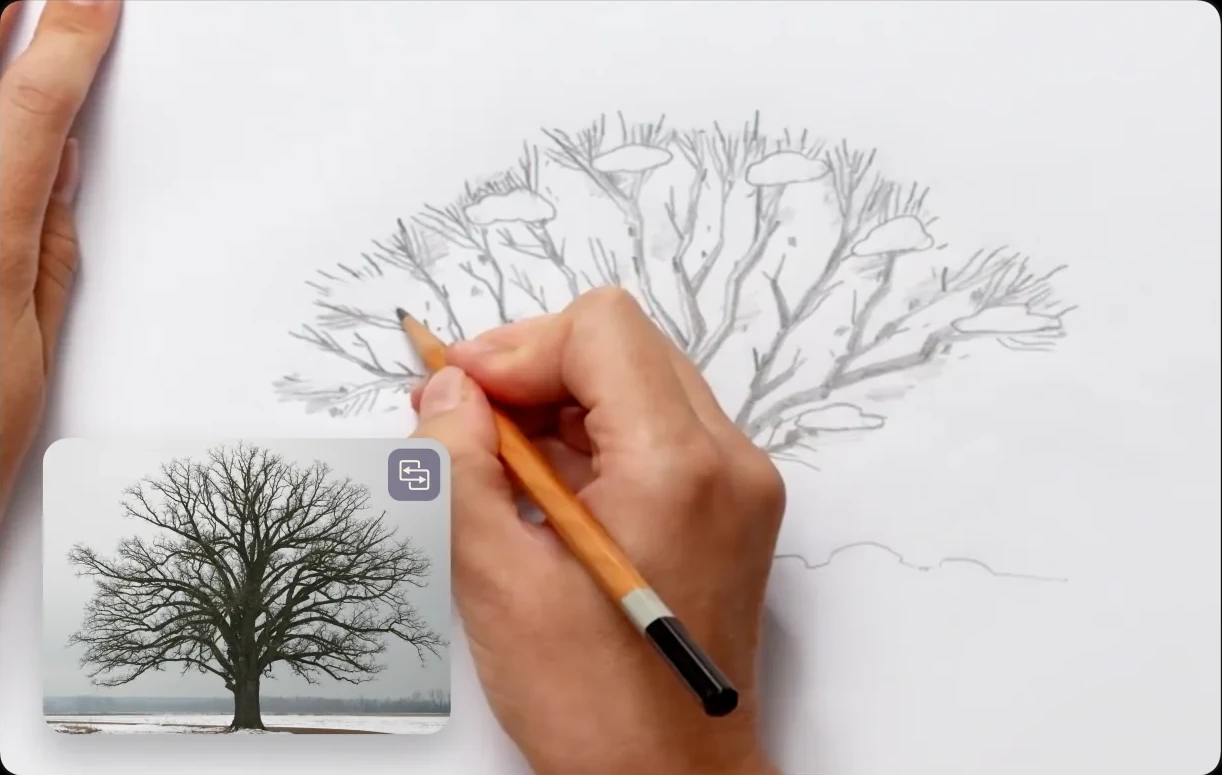 Reference mode swapped: the drawing video with the reference photo in a small window