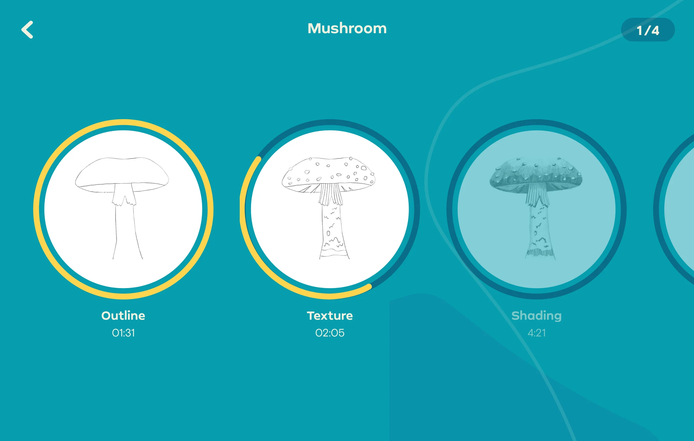 MVP V2 course screen on iPad: Mushroom, drawn in steps, Outline, Texture and Shading