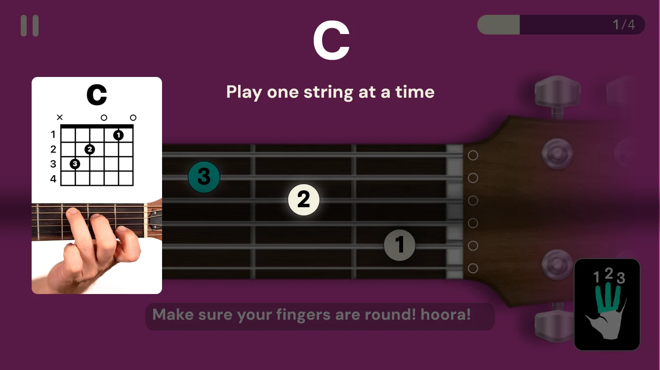 Chord trainer hint: a chord chart and a photo of the hand position