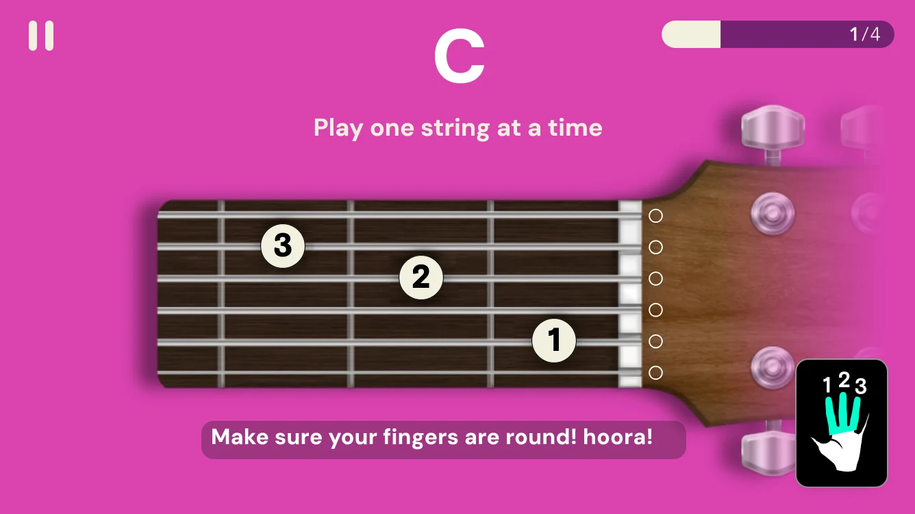Chord trainer on iPhone: the C chord with numbered fingers on the fretboard and a hand guide