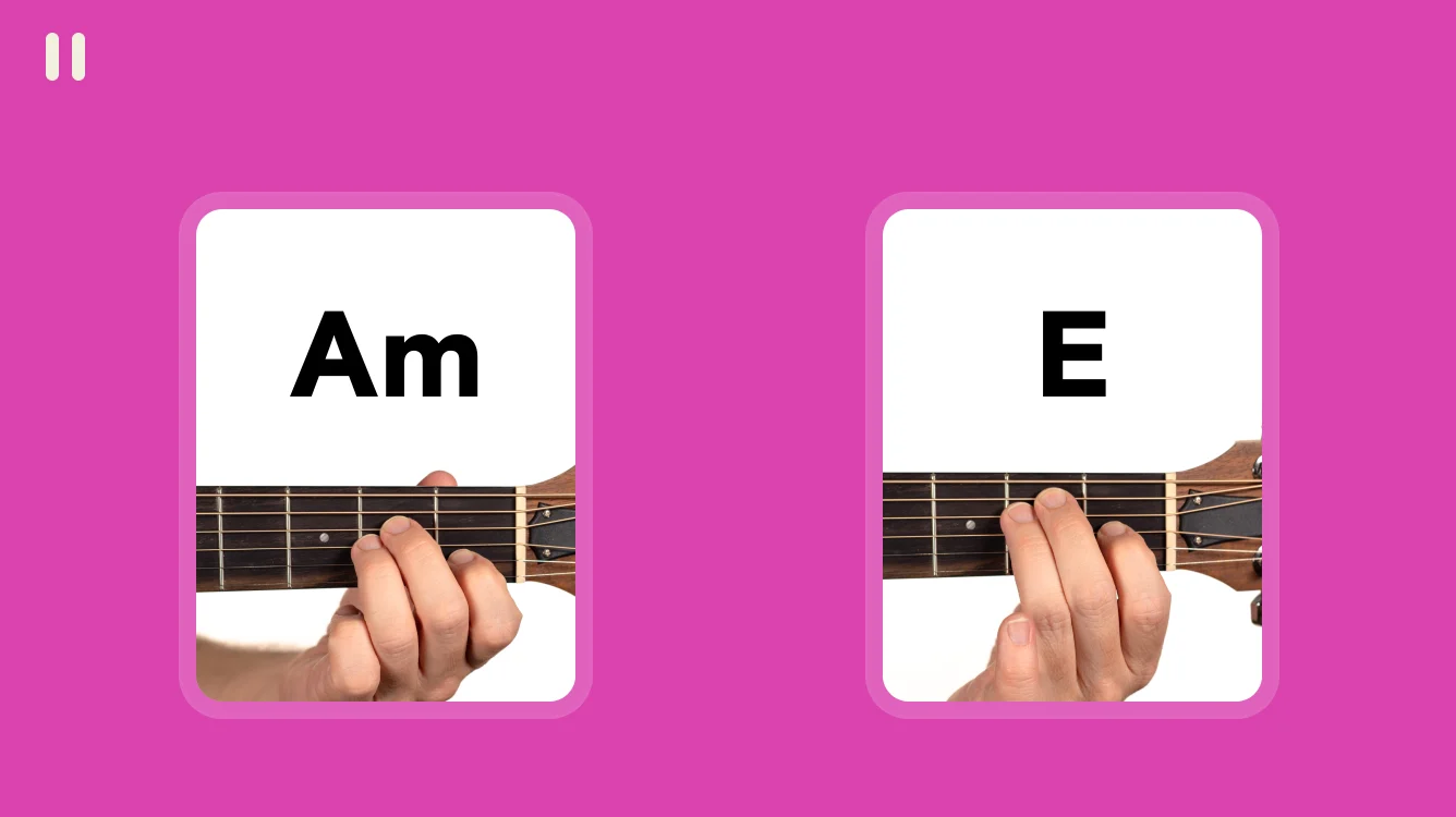 Chord switching trainer on iPhone: Am and E cards with three beat dots between them