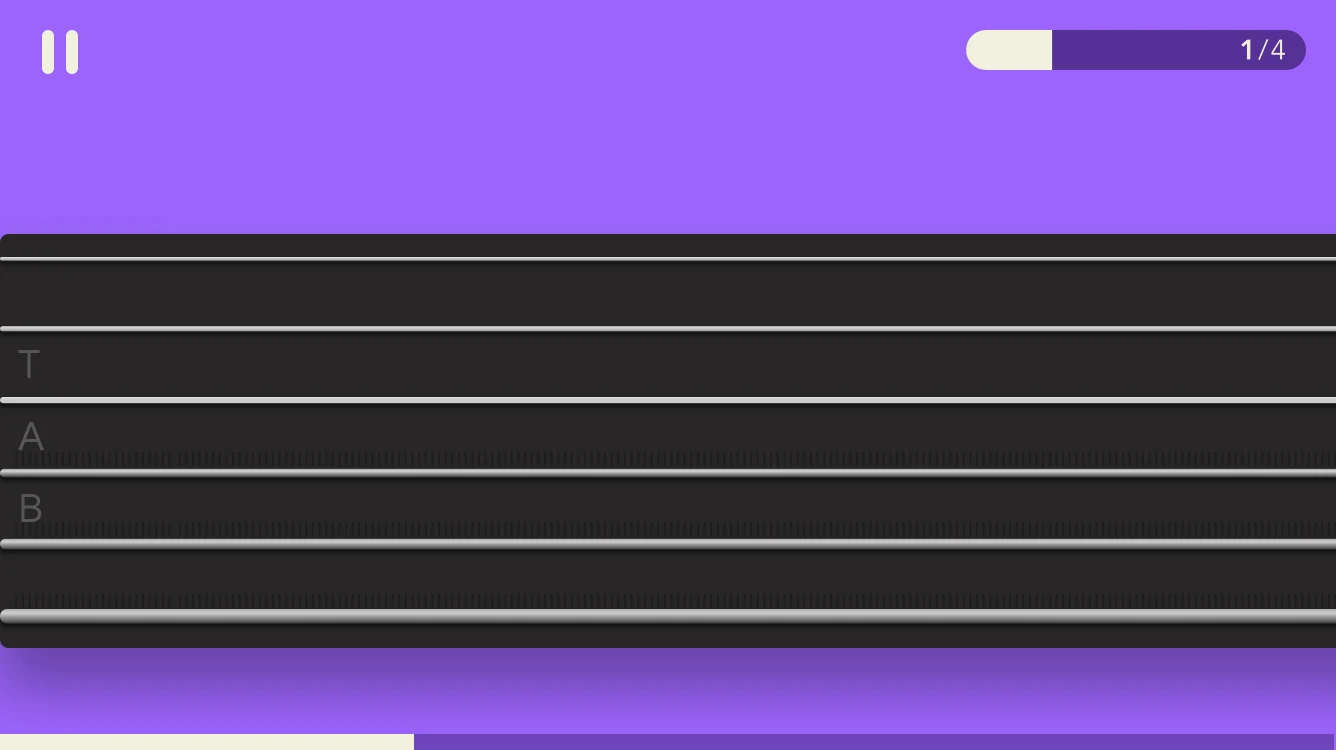Simply Guitar in game: strum bars scroll along the fretboard toward a playhead, under chord names