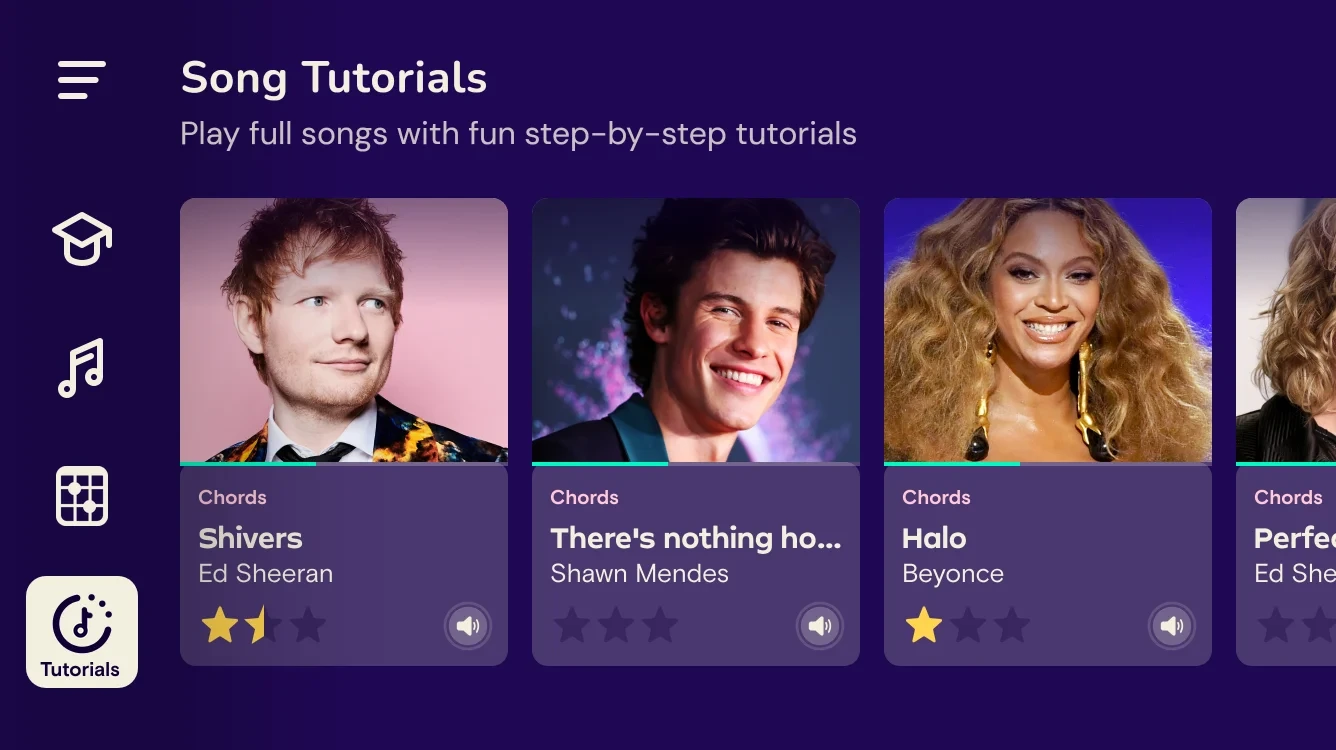 Song tutorials library with song cards for Shivers, There’s Nothing Holding Me Back and Halo