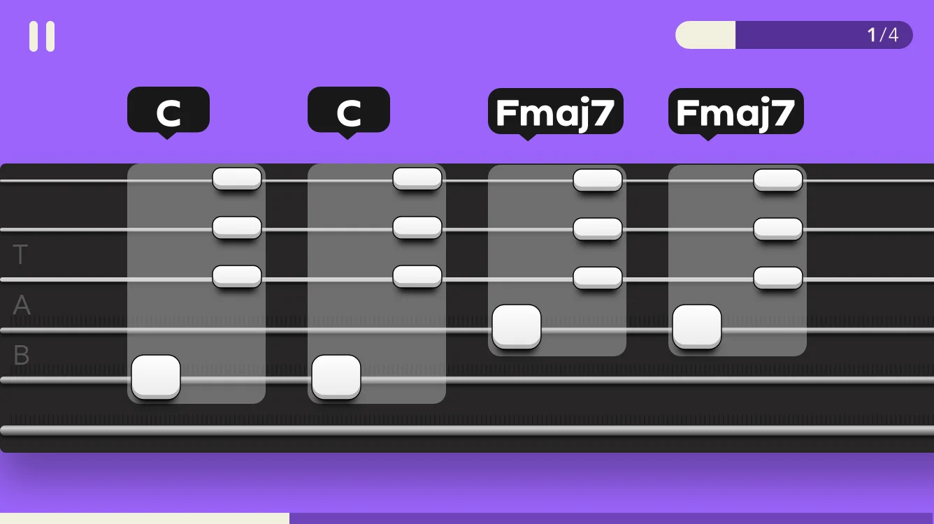 In-game plucking: C and Fmaj7 note groups on a tab-style fretboard, lighting up teal or coral as they are played