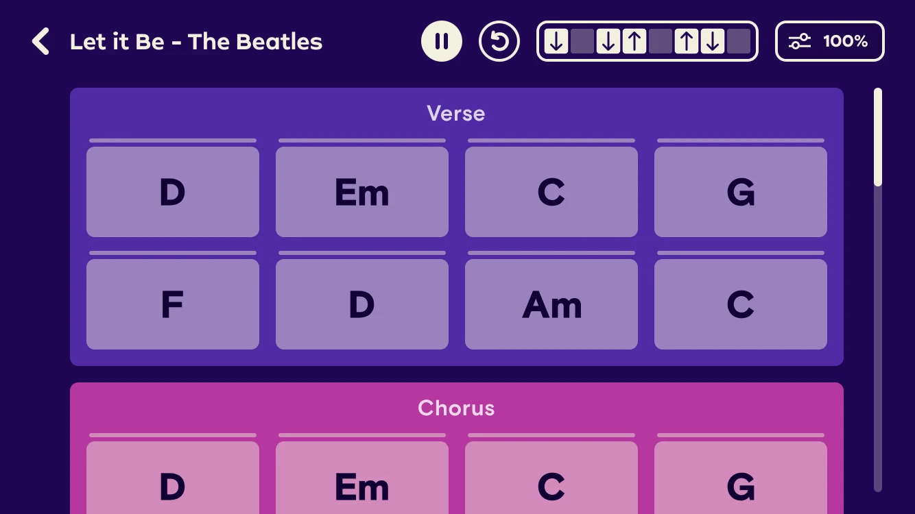 Full song in game: Let It Be chord cards grouped into verse and chorus, the current card filling as it plays