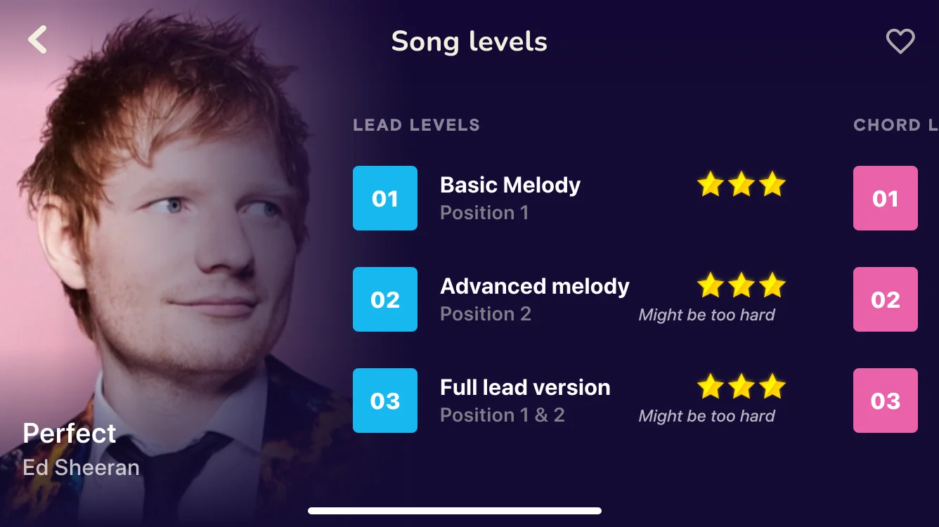 Song levels screen for Perfect by Ed Sheeran: lead and chord levels with star ratings