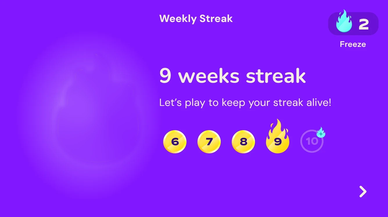 Weekly streak screen: a 9-week streak with a flame badge